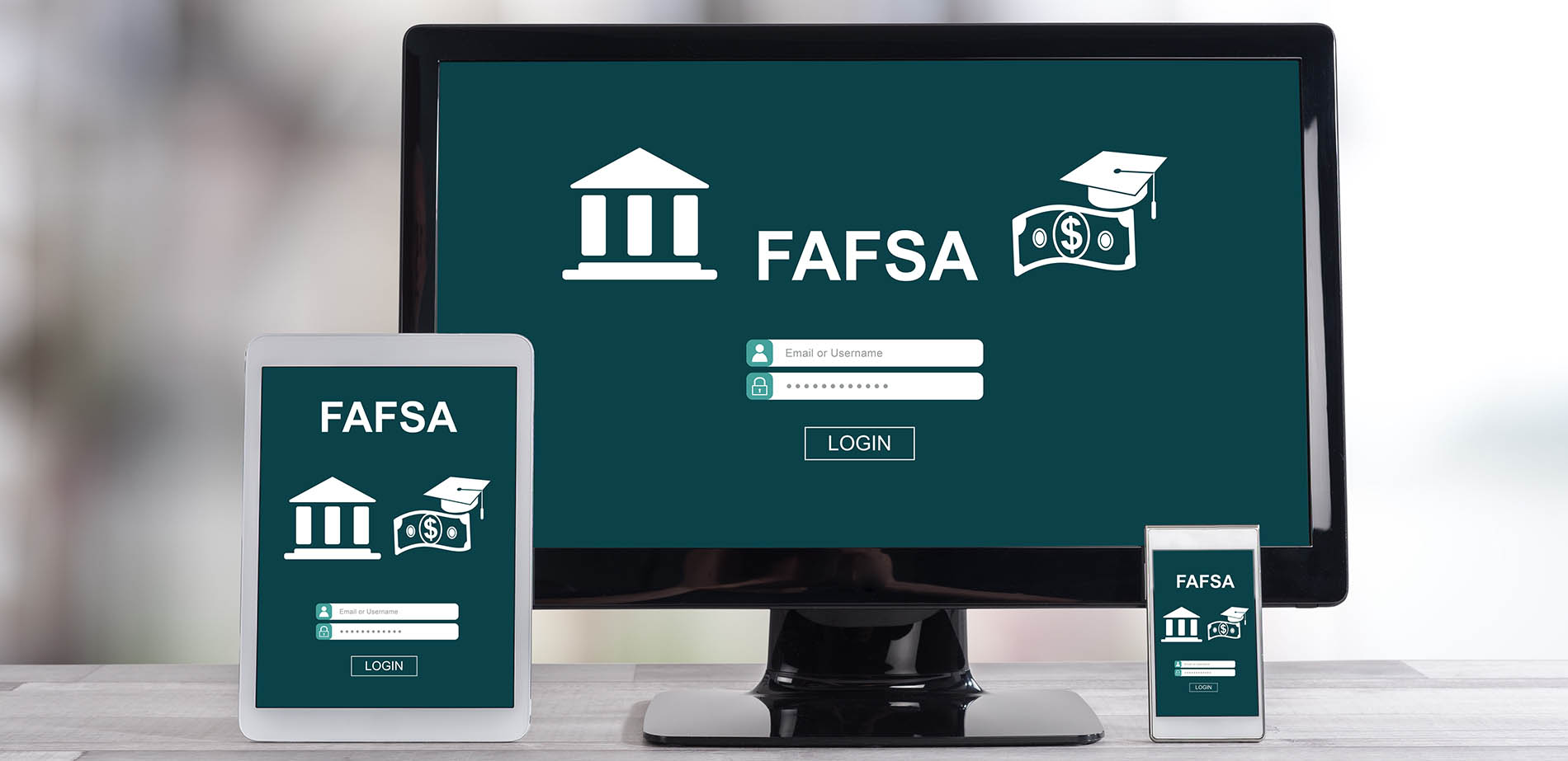 FAFSA screen on a laptop, tablet and smartphone
