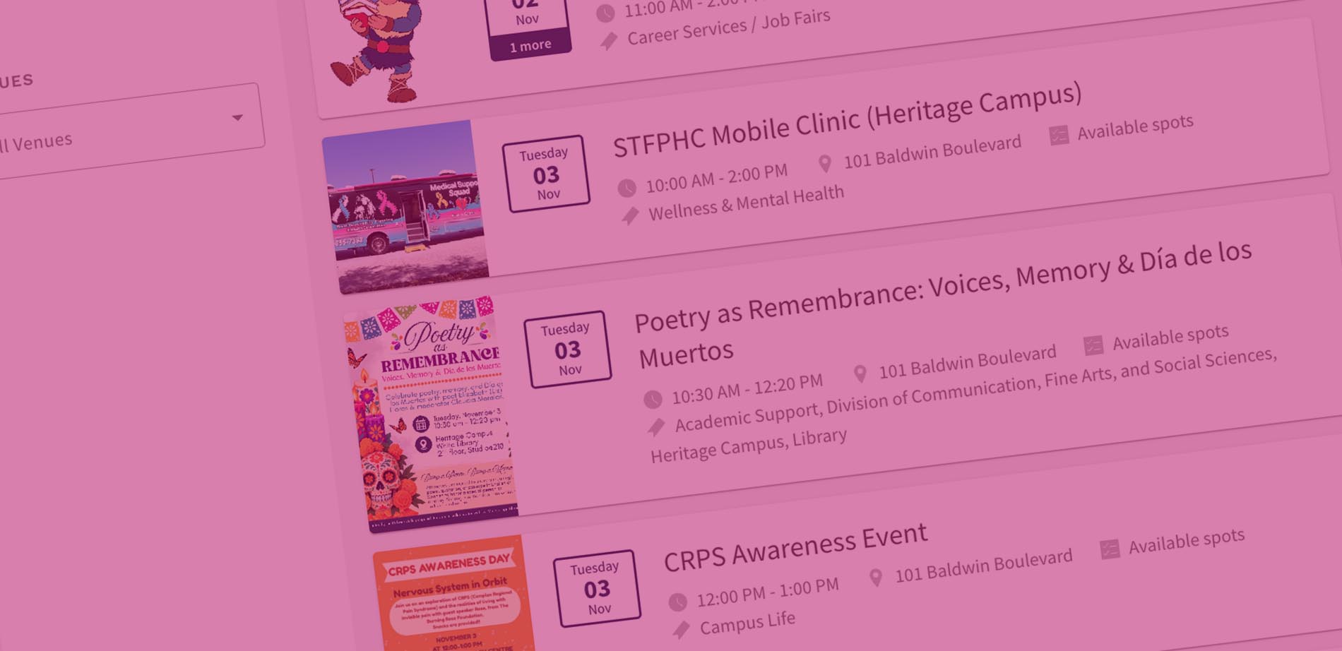 Screenshot of Events page
