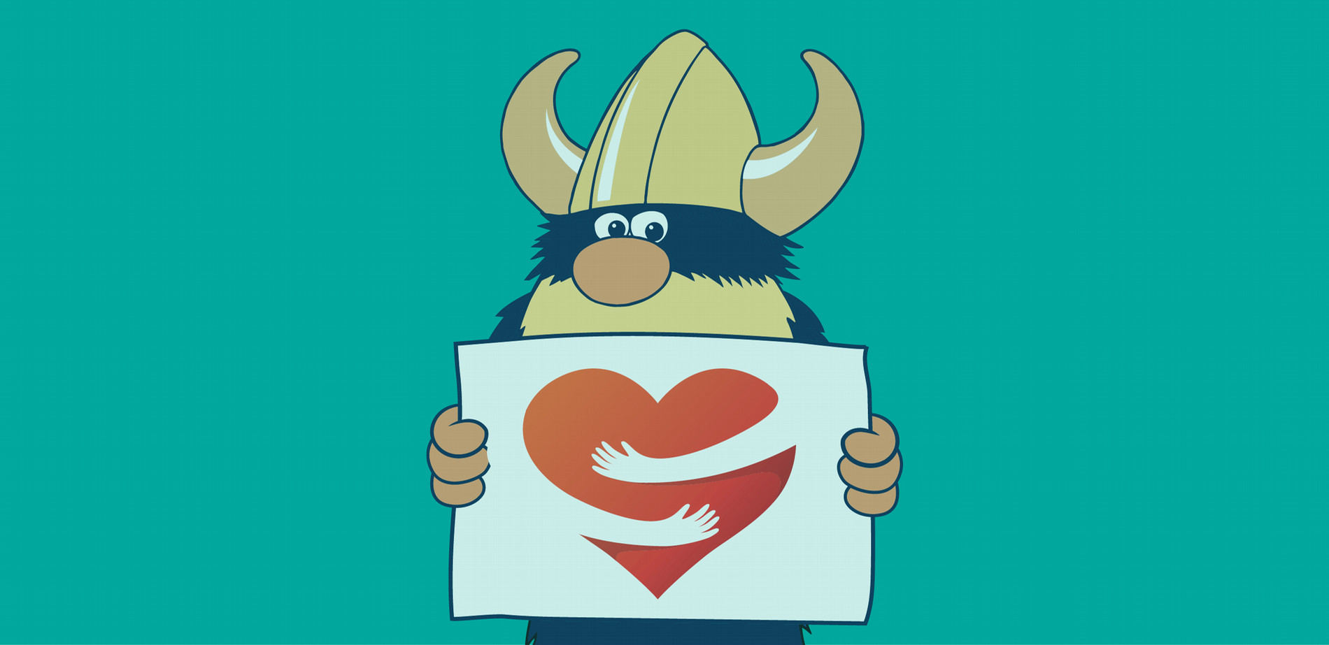 Valdar the Viking holding sign with heart emblem