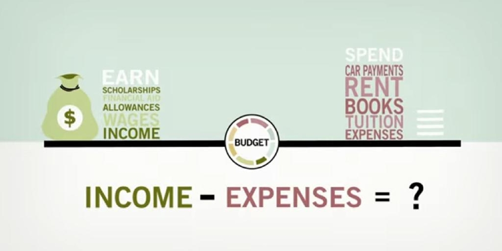 Income and expenses displayed as being balanced on both ends of a budget seesaw