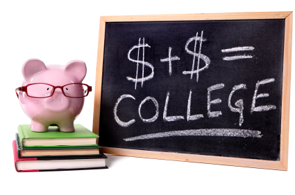 A pig bank stands on some books next to a chalkboard with $ + $ = college displayed