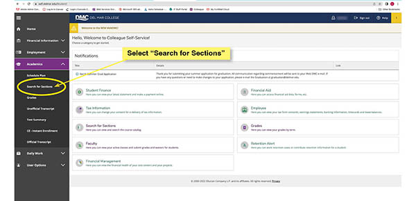 Search for Sections screen in WebDMC with the "Search for Sections" link circled