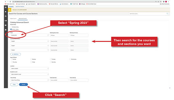 Select Term screen in WebDMC with the "Term" and "Search" buttons marked