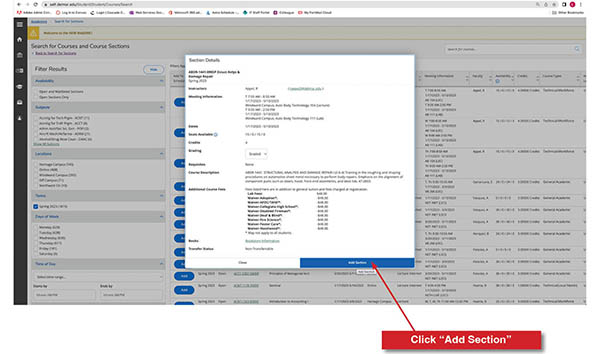 Add Section screen in WebDMC with the "Add Section" button marked in the popup screen