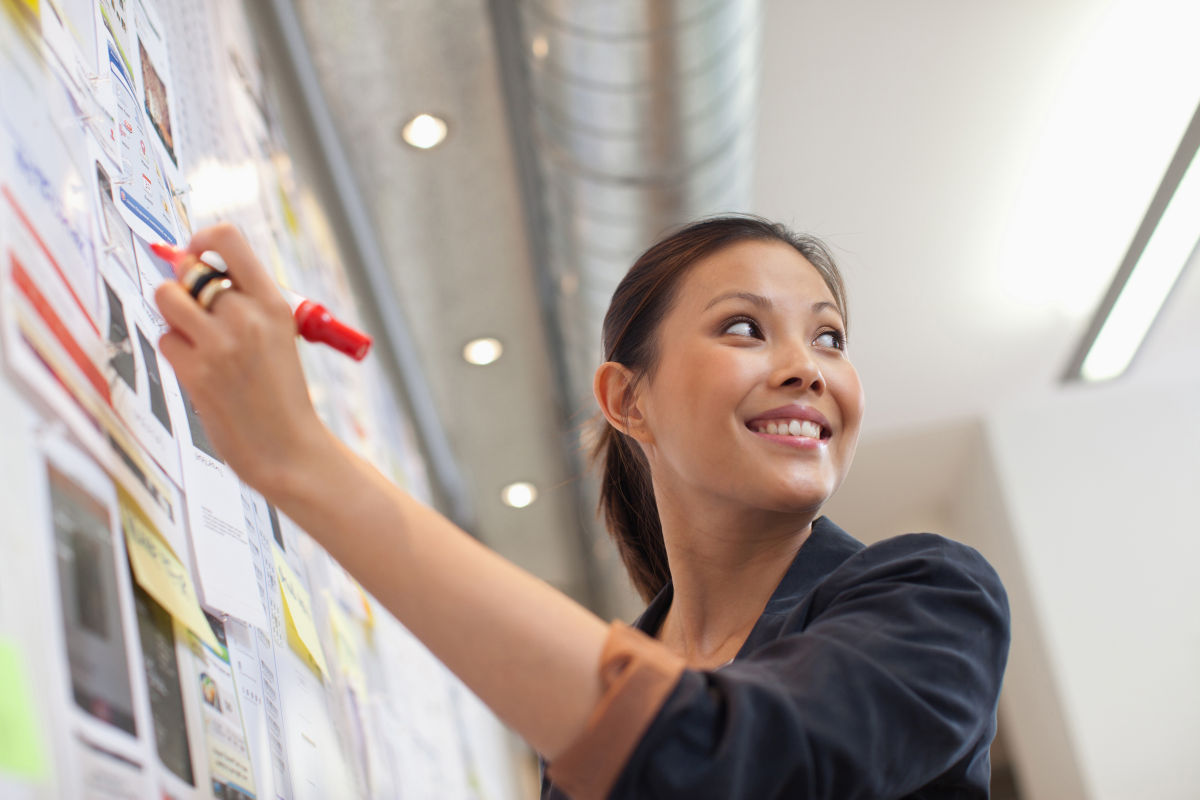 Business woman works on presentation board