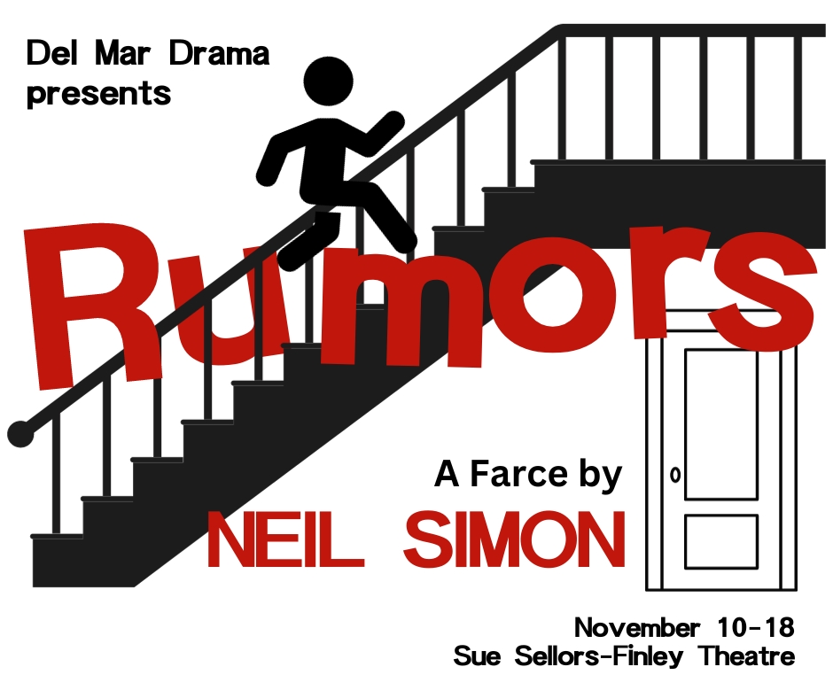 Drawing of a man running up stairs with the title Rumors - A farce by Neil Simon