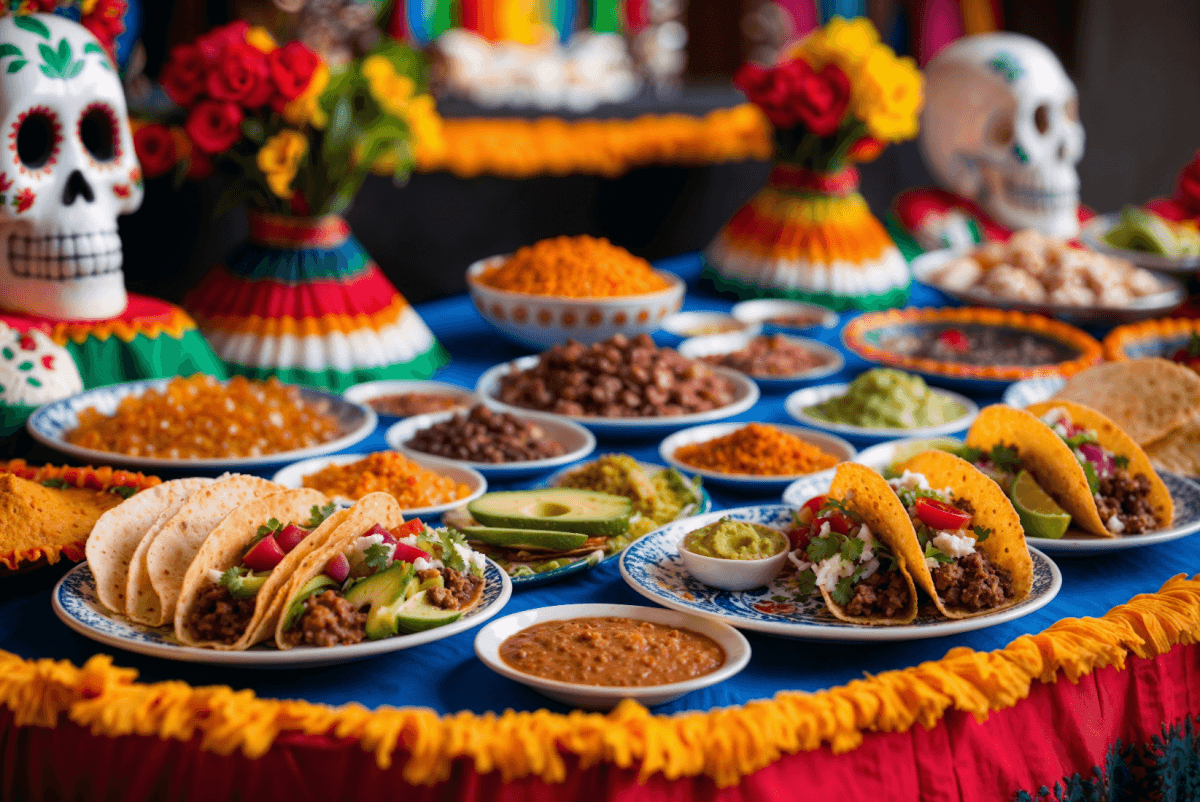 A festive display of assorted Mexican food, featuring tacos, rice, beans, guacamole, and decorative elements like sugar skulls and flowers, set on a blue tablecloth.