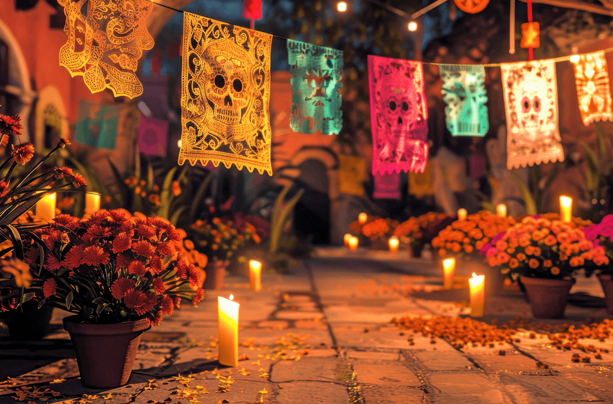 A festive scene with colorful papel picado banners, potted orange and pink flowers, and scattered candles along a walkway, illuminated by soft candlelight.