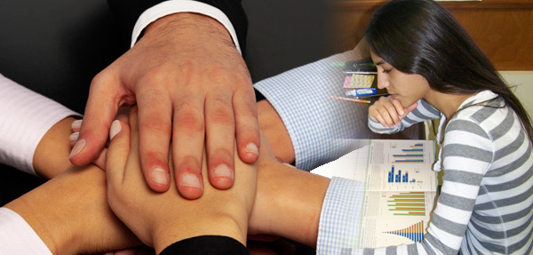 A group of hands all joined together, and a girl studying math.