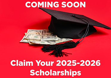 A graduation cap atop a stack of money and a caption reading Claim Your Scholarship 2025-2026 COMING SOON