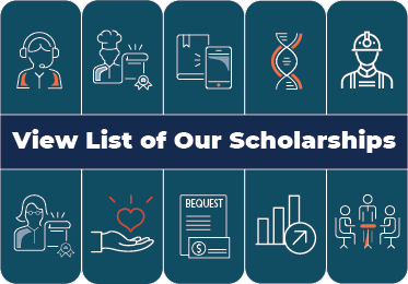 Graphic image of various types of scholarships with words View our Scholarships