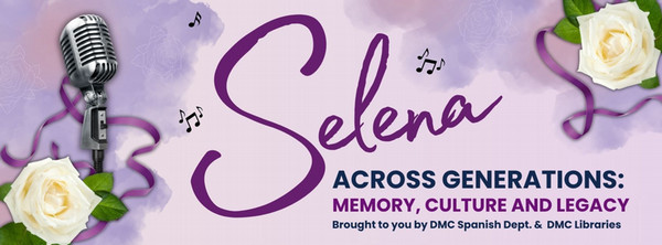 Selena Across Generations event graphic with microphone, white roses, and purple ribbon.