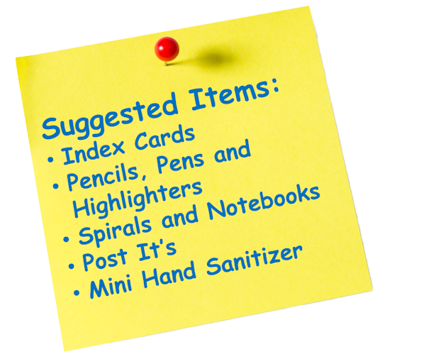 Post it note with suggested items for supply drive