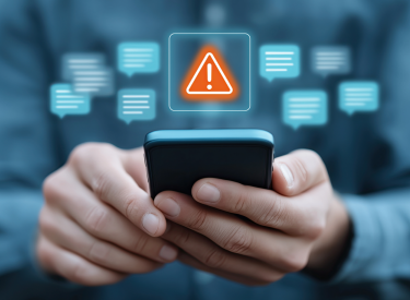 Person holding a smartphone with a red alert icon and notification bubbles above it.
