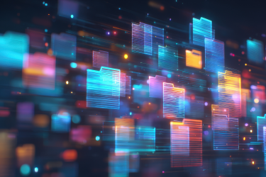 Abstract digital scene with glowing rectangles in shades of blue, pink, and orange on a dark background.