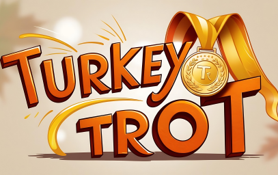 Bright orange text reading "Turkey Trot," featuring a gold medal with an orange ribbon.
