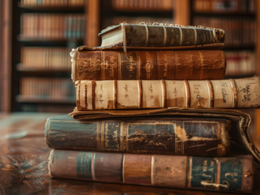 A stack of books on a desk in a library