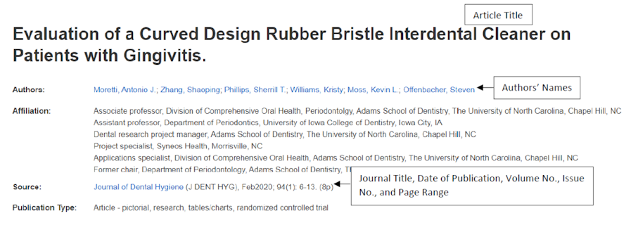 Screenshot example of APA citation information in Beacon labeling the title, author's names, journal title, date of publication, volume number, issue number, and page range.