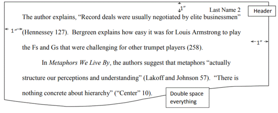 Example of MLA in-text citations showing margins, indentations, header, and spacing