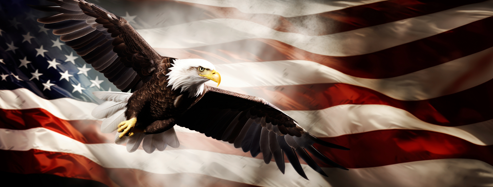An American flag in the background with an American eagle flying in the foreground