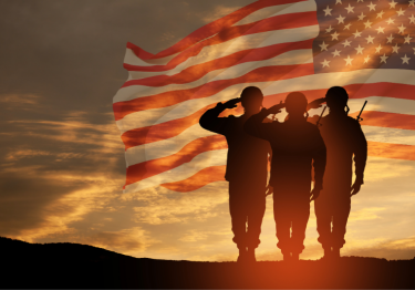 Silhouetted soldiers saluting with an American flag against a sunset sky.
