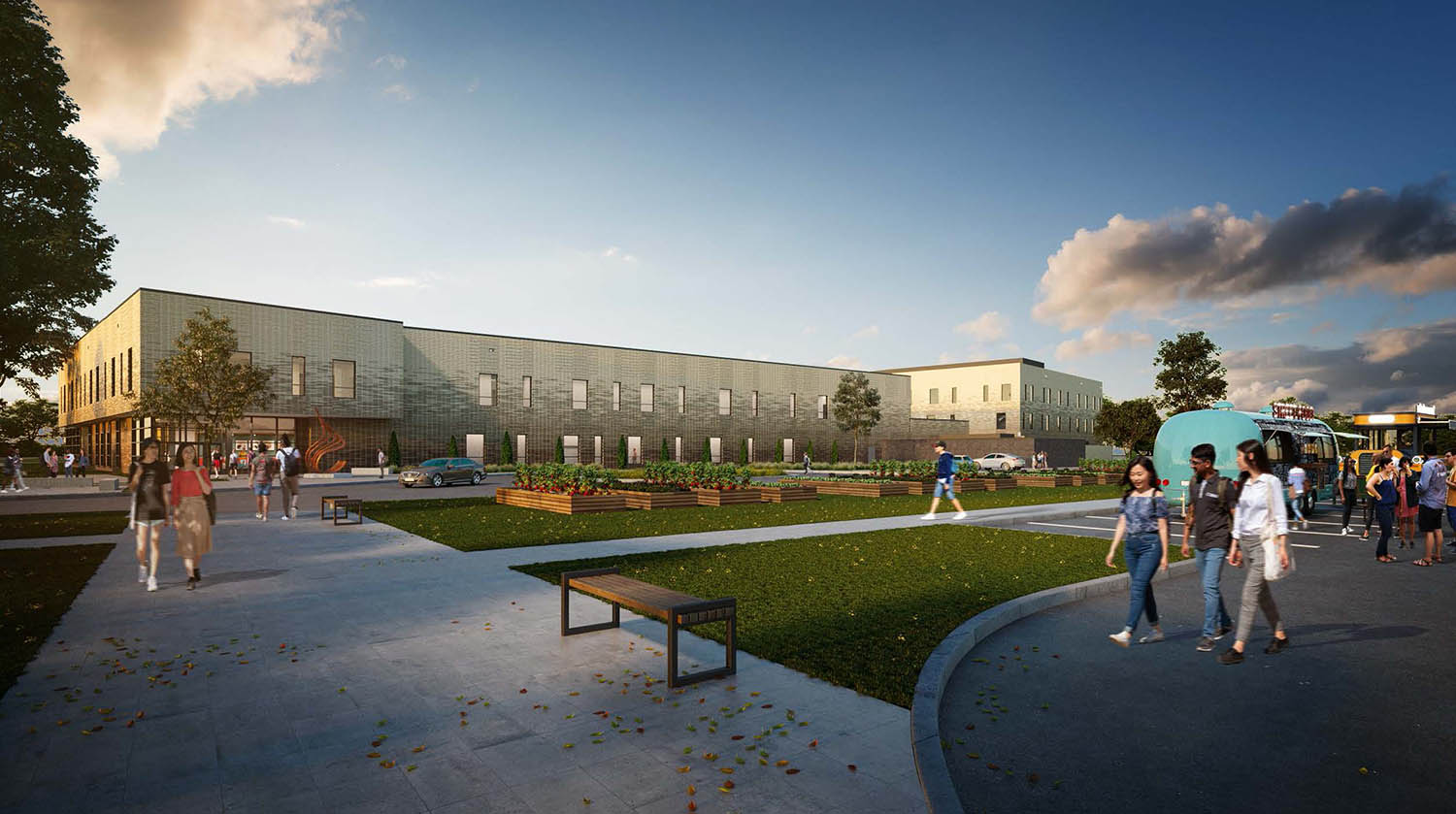 Rendering of Oso Creek Campus with students outdoors