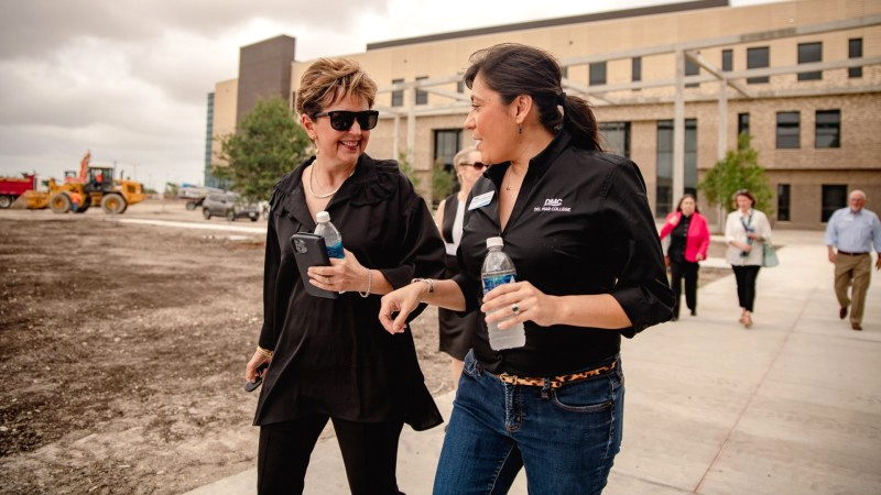At-large Regent Dr. Linda Villarreal (left) visits with Executive Director of Government and Board Relations Dr. Natalie Villarreal during the Board of Regents’ tour of the Del Mar College Oso Creek Campus construction site on May 10, 2022.