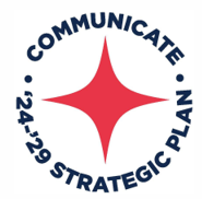 Red four-point star with "Communicate, 24-29 Strategic Plan" in a circle around the star